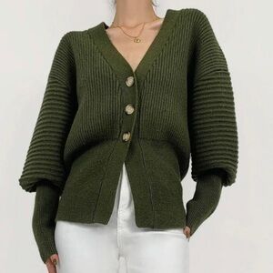 Button Up Balloon Sleeve Ribbed Knit Cardigan in Olive Green - Size S